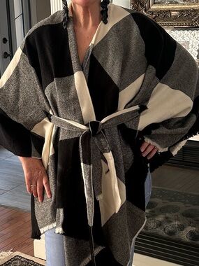 Altare Plaid Belted  Wrap Poncho Cape Black Cream Blanket Shawl. OS